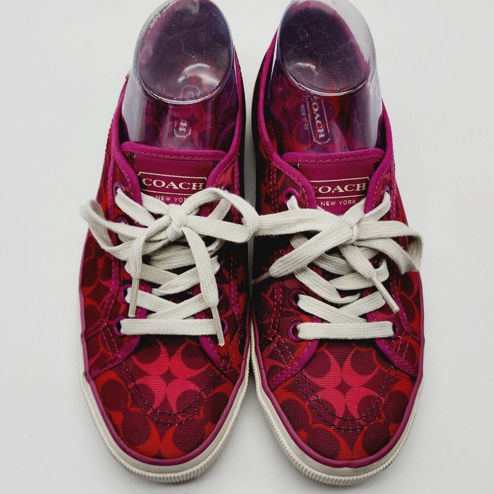 COACH Kalyn Womens Sneakers 7.5 B Pink Red Signature C Logo Lace Up Canvas 7-1/2 - Picture 2 of 11